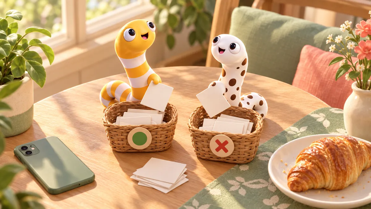 朝のカフェで、よいものとだめなものをかごに分ける3Dのちんあなご2匹