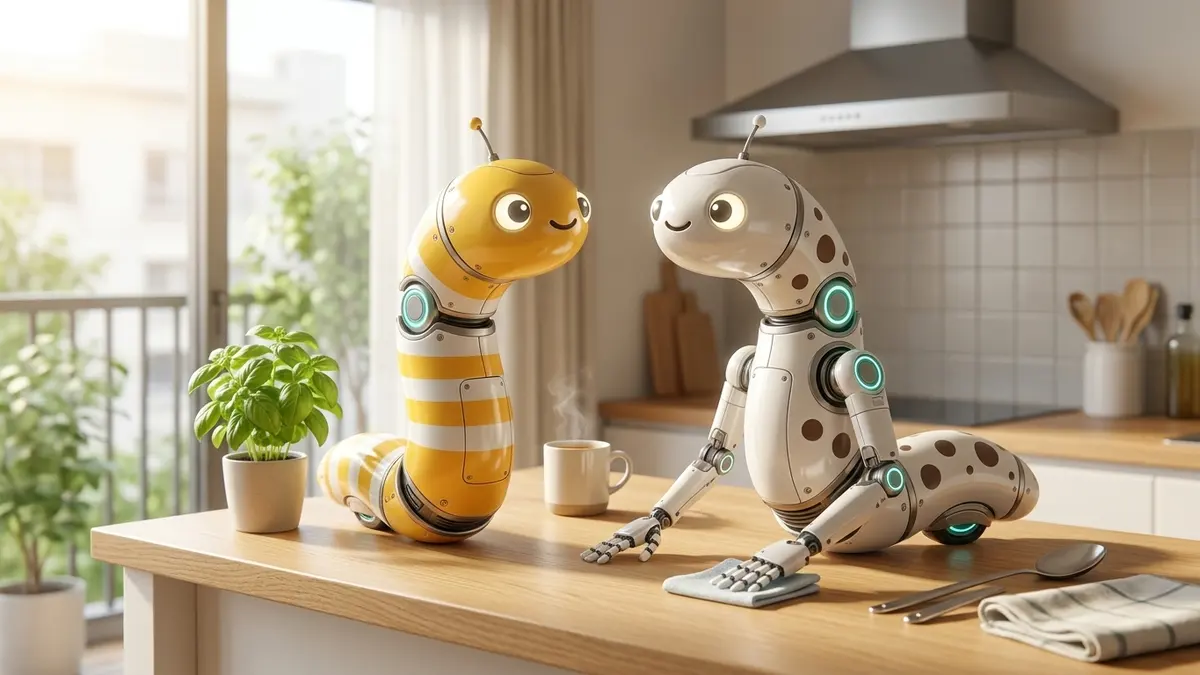 明るいキッチンのカウンターで電卓を囲む、ロボットになったしーまとにょろ吉（イメージ画像・AIで作成）